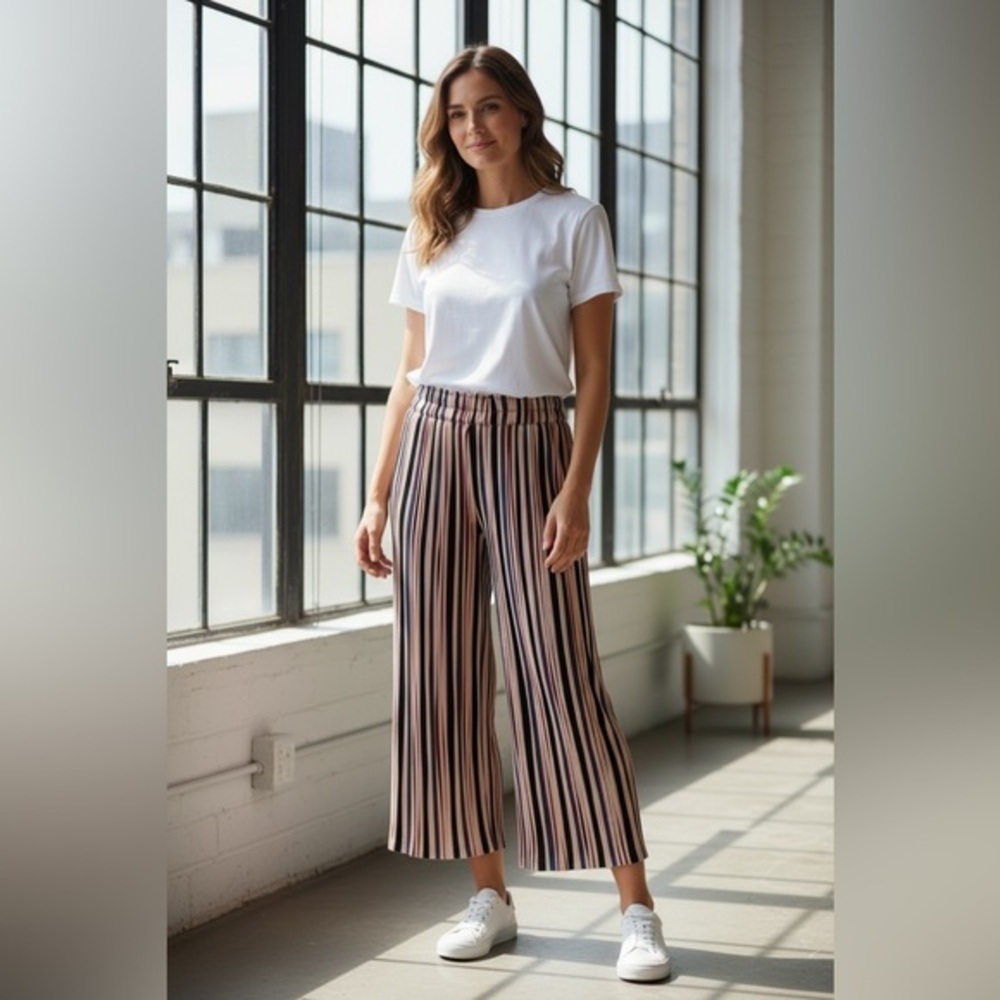 NWT Oscar S Women’s Multi Striped Palazzo Cropped Pants Pull On - Size Large